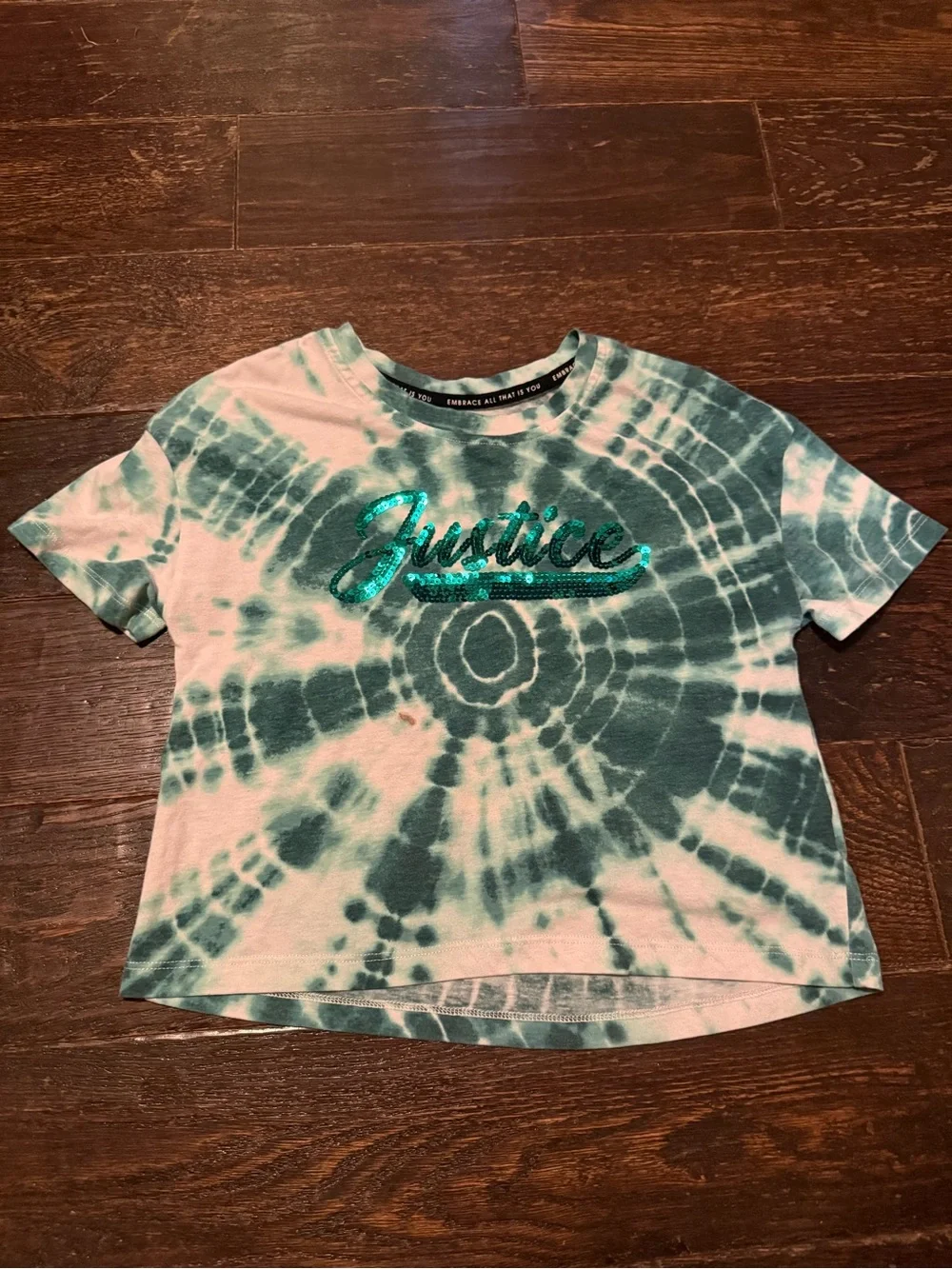 Justice Girls' Teal Sequin Tie-Dye Short Sleeve Tee